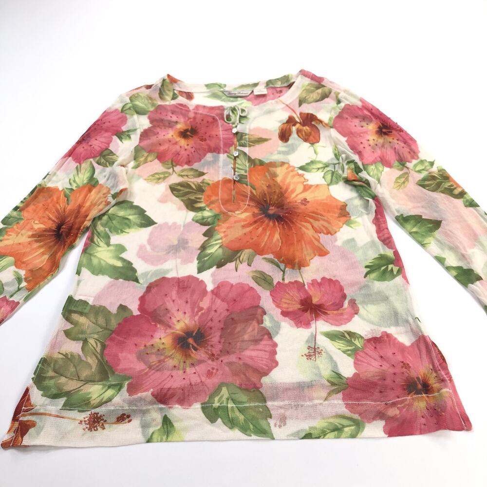 Tommy Bahama XL 100% Silk Sheer Knitted Pullover Button Top Blouse Floral MINT